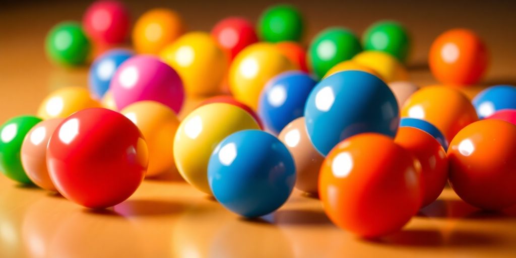 Colorful balls rolling randomly on a smooth surface.